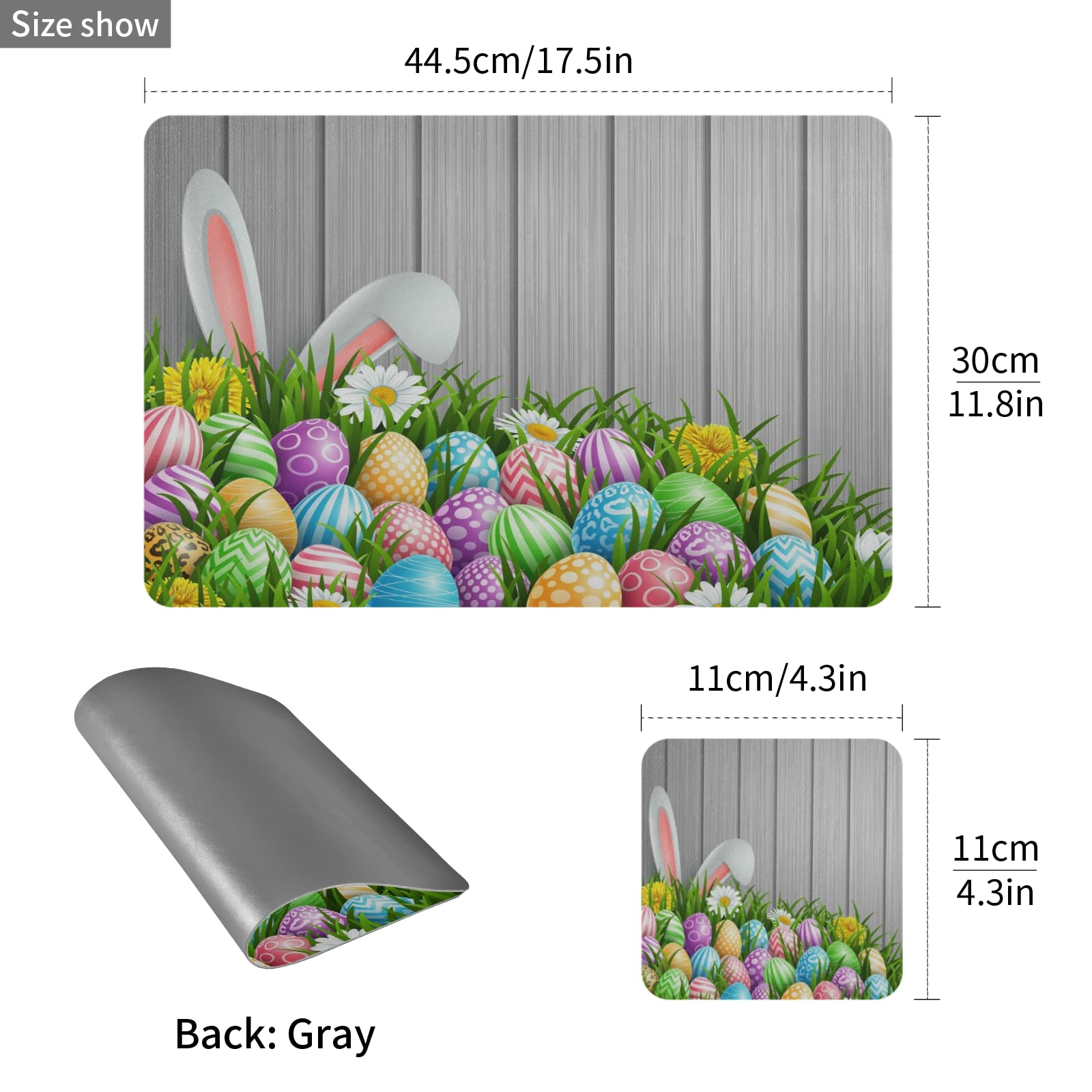 Easter Bunny Ears & Flowers Leather Placemats Set of 4 - Waterproof Wipeable Table Mats for Dining Kitchen - Easy to Clean Wooden Table Decor for Easter Brunch & Holiday Gatherings