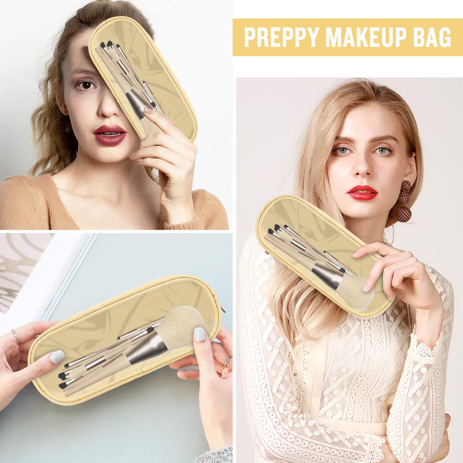 Nylon Small Clear Makeup Bag Slim Pouch - Cute Preppy Cosmetic Zipper Pouch for Women & Girls | Travel Toiletry Bag, Makeup Brush Case, Purse Organizer, Coin Pouch (Beige) - Perfect for Daily Use, Traveling & Gift Giving