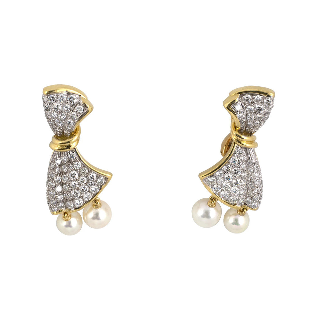 Exquisite Diamond & Pearl Bow Drop Earrings for Women – Elegant Dangle Jewelry for Weddings, Parties & Special Occasions