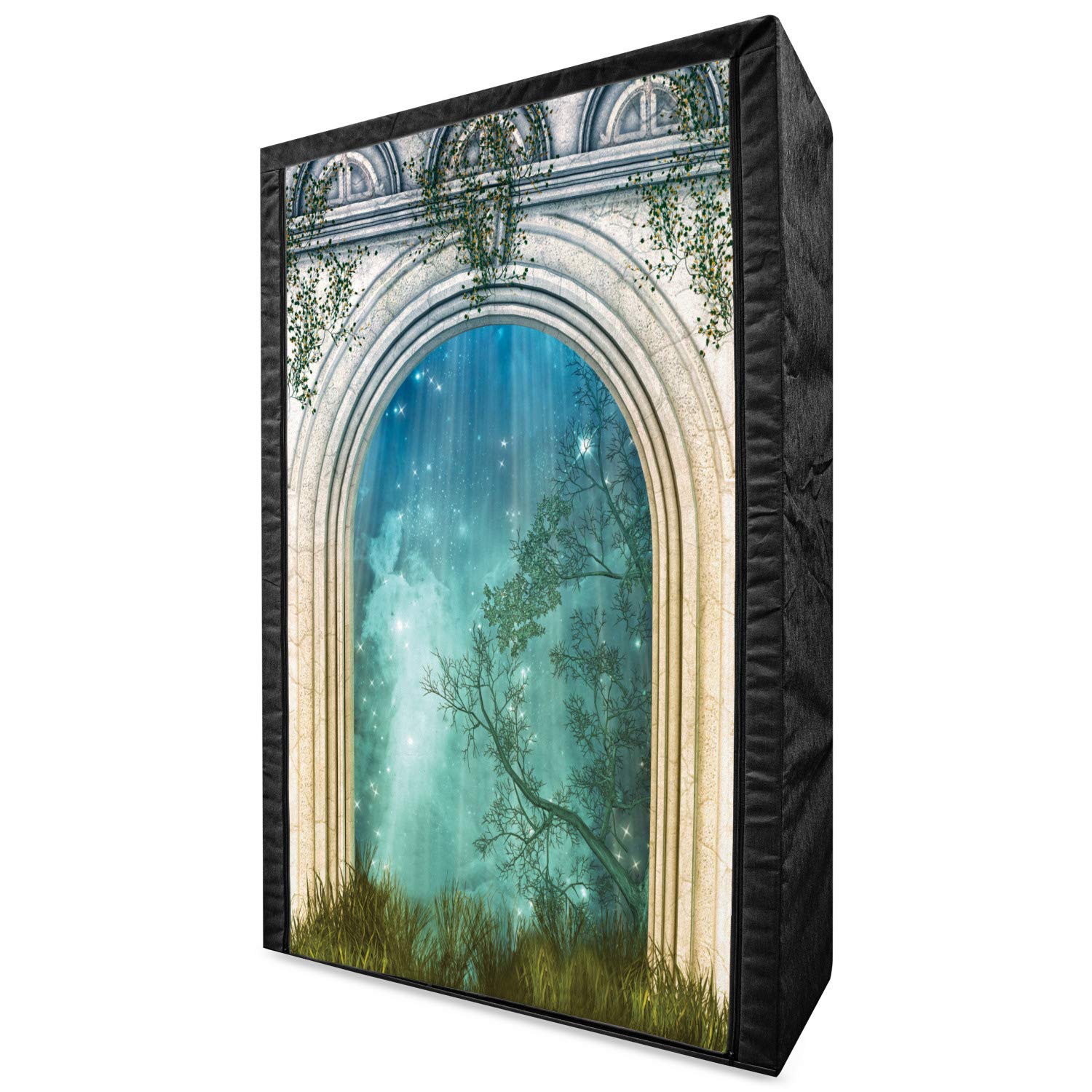 Ambesonne Mystic Portable Fabric Wardrobe with Magic Curved Door - Forest Mystic Nature Print Clothing Organizer & Storage Closet with Shelves, 42.5 Inches, Blue Beige - Perfect for Bedroom, Closet, Dorm Room, and Apartment Storage Solutions