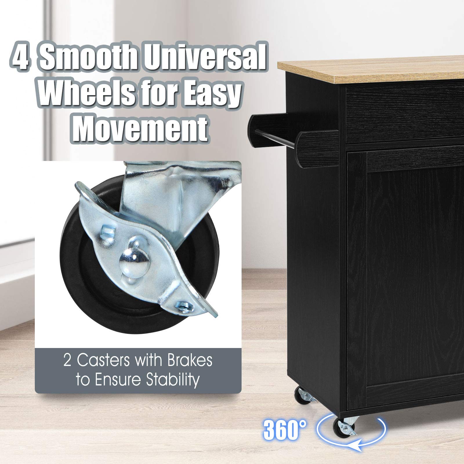 Giantex Kitchen Island Cart with Spice Rack & Towel Holder, Large Drawer & 2-Door Storage Cabinet, Lockable Wheels, Wooden Kitchen Trolley for Home & Restaurant Use - Perfect for Small Spaces, Meal Prep & Extra Counter Space (Black)