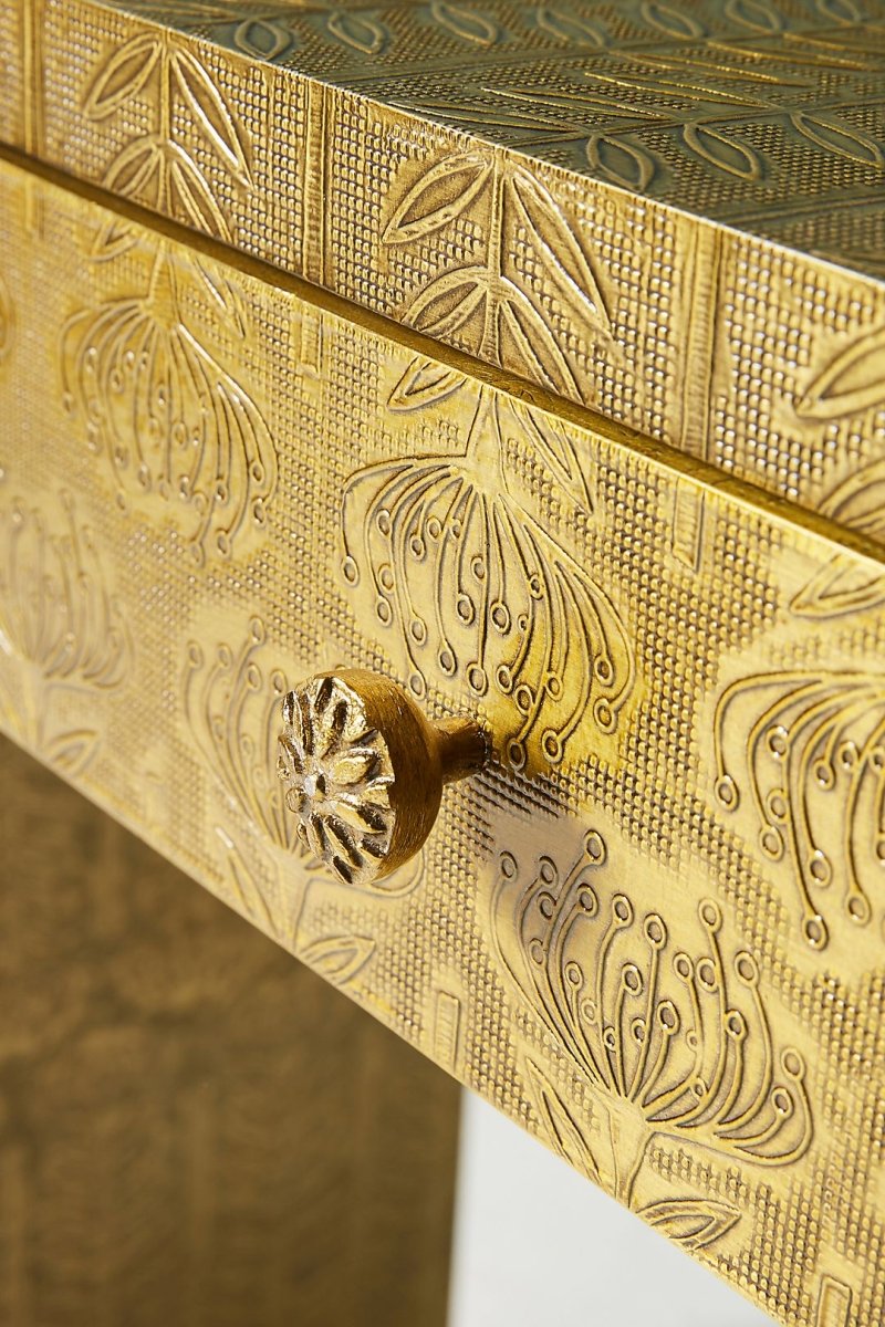 Antique Metal Hand Embossed Lotus Console Table - Elegant Entryway Furniture for Hallway, Living Room & Foyer Decor