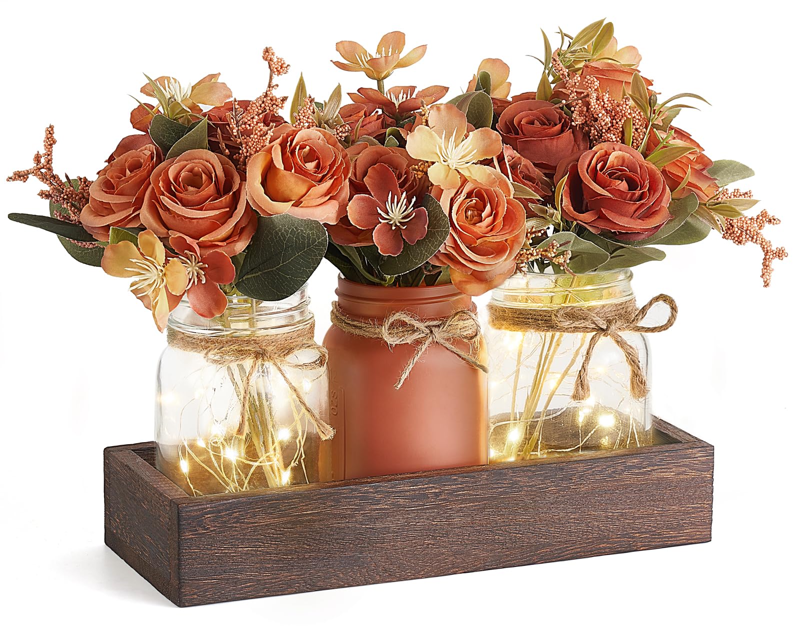 Mkono Mason Jar Lights - 3 Pack Farmhouse Table Decor with Flowers, Orange Glass Centerpiece for Dining Room, Kitchen, Living Room | Perfect for Spring Decor, Wedding, Party, and Rustic Home Decorations