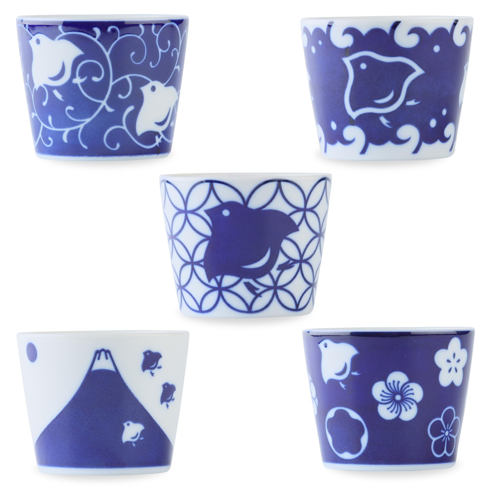 Mino Ware CHIDORI Plovers 5-Piece Tea Cup Set - 5.1 fl oz Japanese Ceramic Cups for Tea, Coffee & Bouillon - Indigo Blue Traditional Design (3.1x2.6 inch) - Perfect for Home, Cafe & Gift Giving