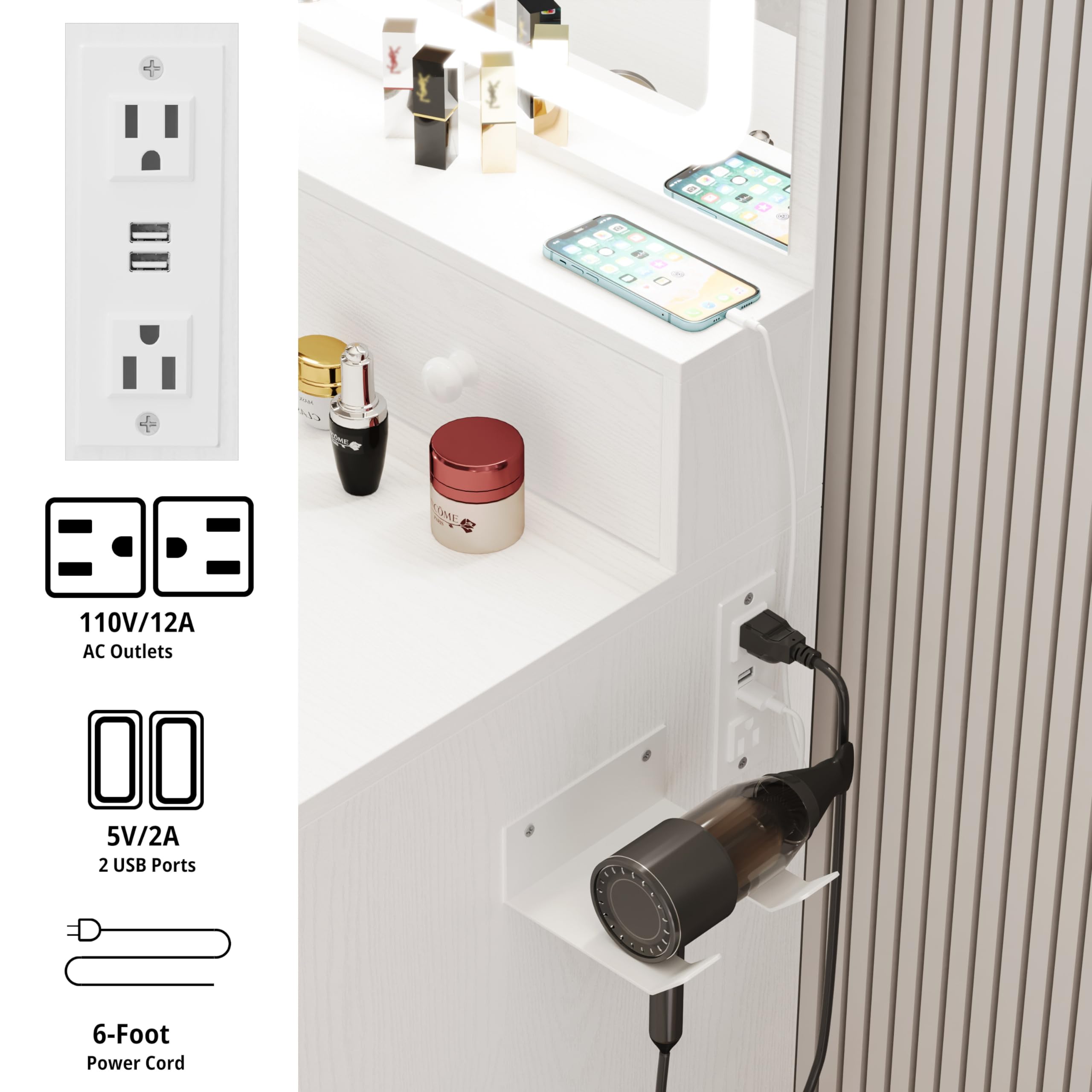 LIKIMIO Vanity Desk with LED Lighted Mirror, Power Outlet & 4 Drawers - White Makeup Dressing Table Set with Storage Stool & Hair Dryer Holder | Perfect for Bedroom, Dorm Room & Beauty Salon Organization