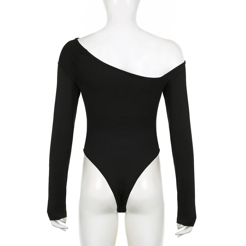 Sexy Black Asymmetrical Skinny Bodysuit for Women - Diagonal Collar Cut Out Catsuit Solid Jumpsuit | Club Party Outfit, Night Out Fashion, Date Night Look