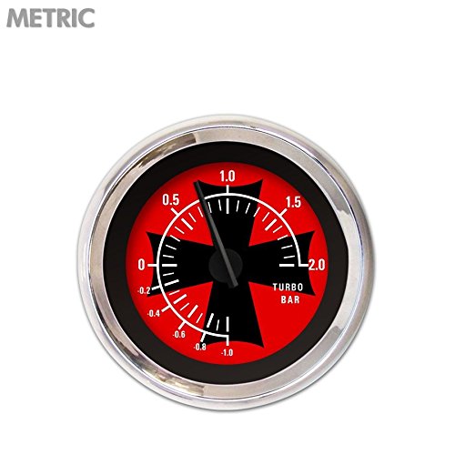 Aurora Instruments 5253 Iron Cross Red Metric Turbo Gauge with Black Modern Needles & Chrome Trim Rings - Style Kit Installed - Perfect for Car Performance Upgrades, Racing & Automotive Customization
