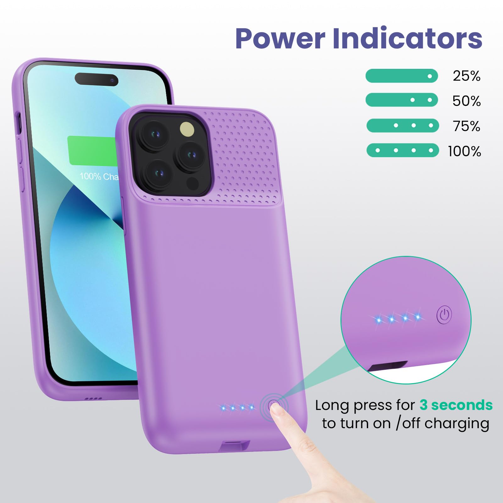 HETP 8600mAh Rechargeable Battery Case for iPhone 12 Pro Max/13 Pro Max/14 Pro Max/14 Plus - Portable External Charger, Extended Battery Life - Purple | Perfect for Travel, Outdoor Activities & Daily Use