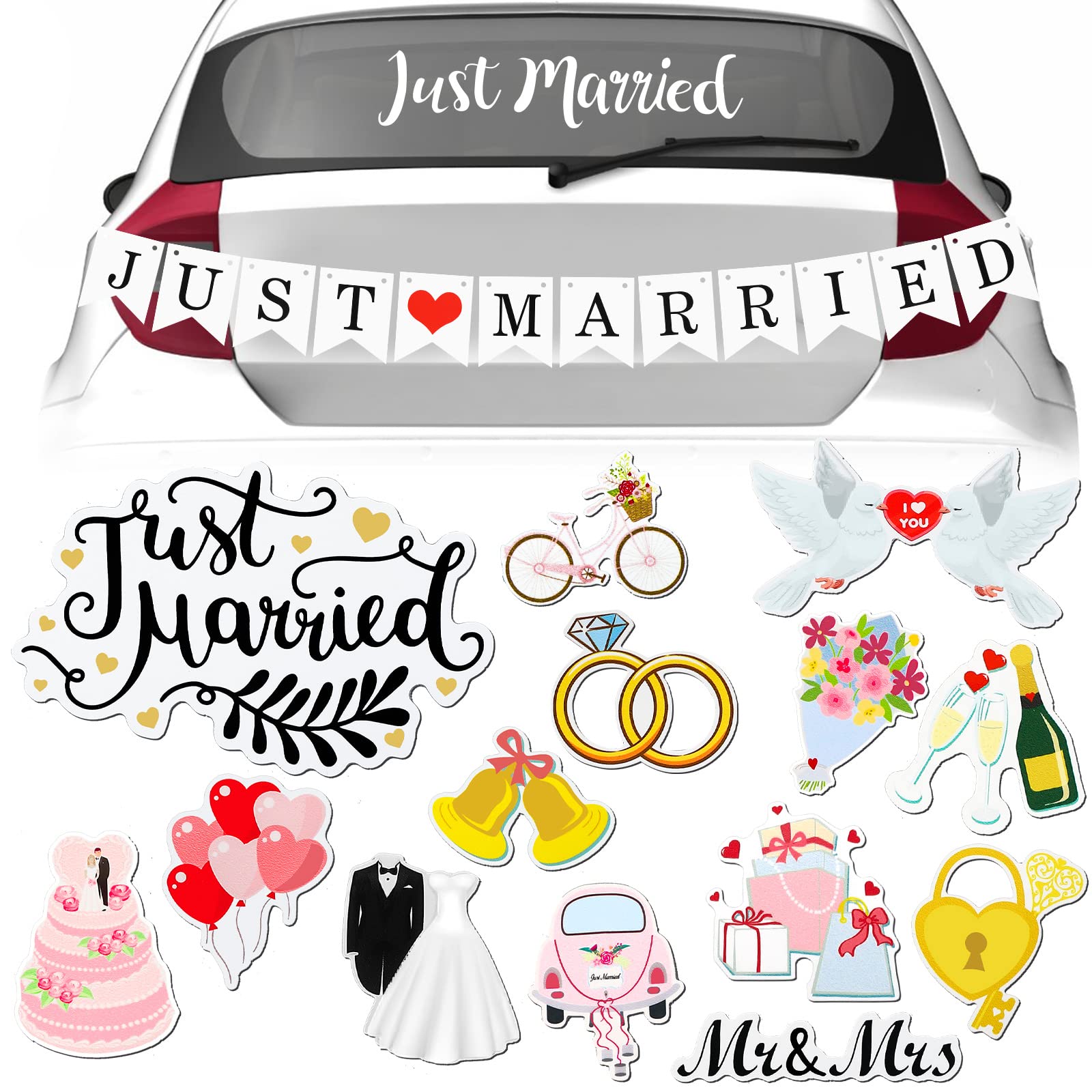 16 Pcs Just Married Car Decorations Kit - 14 Ornate Car Magnets, Window Decal & Cardstock Sign Banner | Wedding Decor for Cars, Bridal Shower & Honeymoon Photo Props | Perfect for Newlyweds' Getaway & Celebration