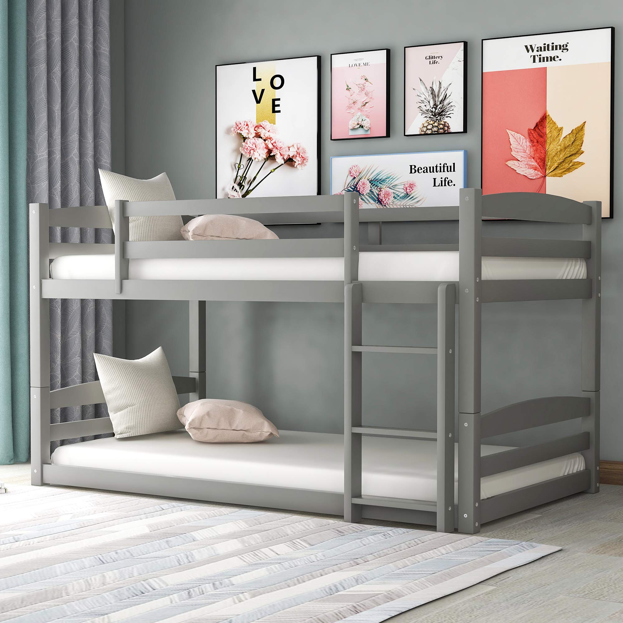 **XC Twin Over Twin Wooden Low Bunk Bed for Kids & Toddlers - Convertible to 2 Separate Beds, Full-Length Guardrails & Built-in Ladder, Sturdy & Safe (Gray) - Perfect for Small Bedrooms, Shared Kids' Rooms & Sleepovers**