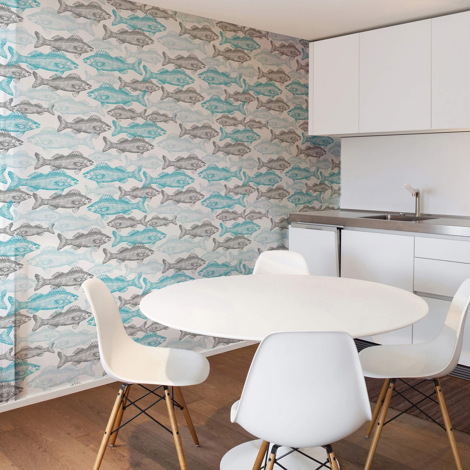 Blue Fish Nautical Peel and Stick Removable Wallpaper - Self-Adhesive Decorative Wall Covering for Bedroom, Bathroom, Nursery & Home Decor