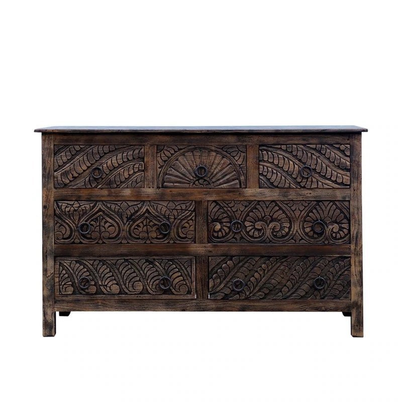 Hand Carved Indian Wooden 7-Drawer Dresser - Traditional Storage for Bedroom, Living Room & Office