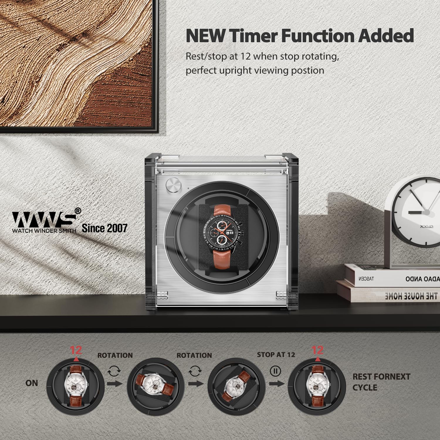 Premium Single Automatic Watch Winder Box - Quiet Motor with 4 Rotation Modes (Grey) | Perfect for Watch Collectors & Luxury Timepiece Storage | Home Office & Travel Use