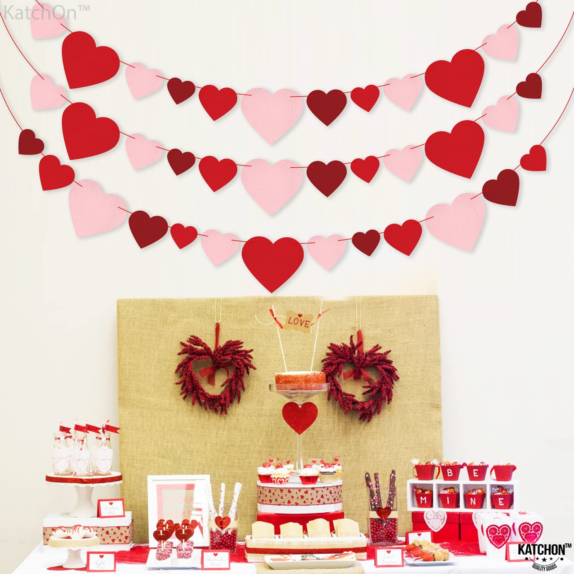 KatchOn Felt Valentine's Day Garland - 3 Strings, 8.2 Feet Red Heart Banner for Wall Decor | Ready-to-Hang Galentine's Day & Valentine's Party Decorations | Perfect for Home, Office, Wedding, Baby Shower & Romantic Events