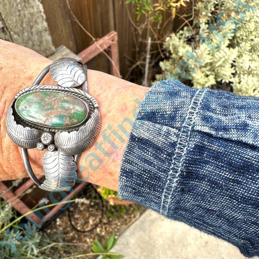 Vintage 925 Sterling Silver Navajo 4 Feather & Hachita Mine Turquoise Cuff Bracelet - Handmade Native American Jewelry for Women, Boho Fashion Accessory, Perfect for Festivals & Special Occasions