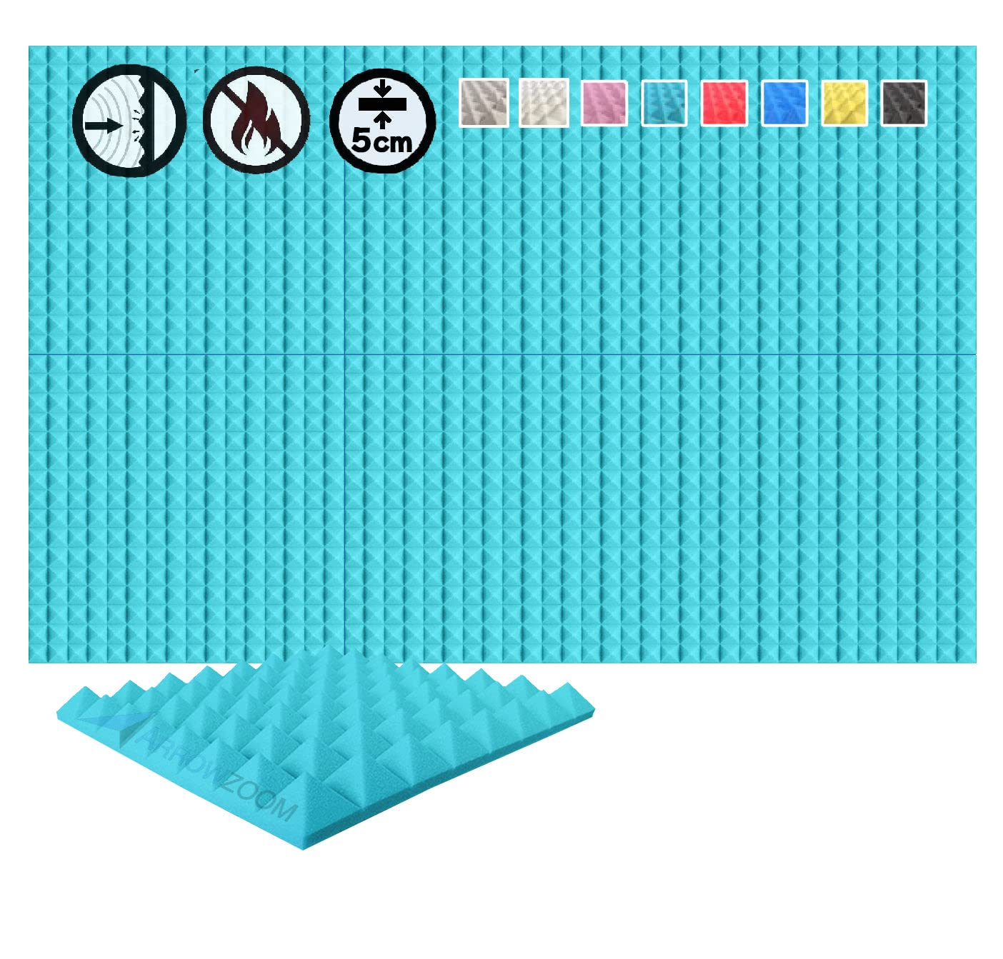 Arrowzoom Super Dash 24-Pack 50x50x5cm Pyramid Acoustic Foam Panels - Baby Blue Soundproofing Studio Wall Tiles for Home Recording, Vocal Booth & Noise Reduction (SD1034) - Perfect for Home Studios, Podcasting & Music Production