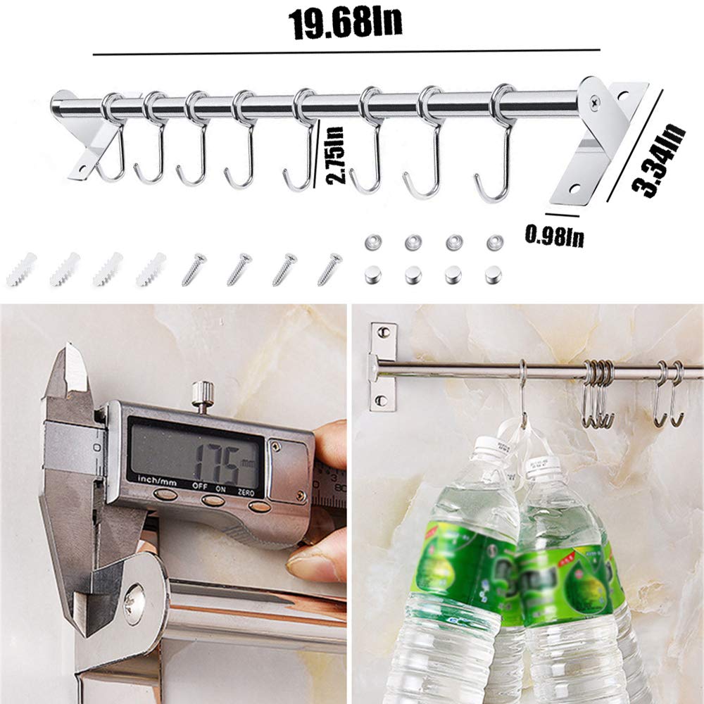 Stainless Steel Wall Mounted Kitchen Utensil Rack - 20 Inch Space Saving Organizer with 8 Removable S Hooks for Hanging Knives, Spoons, Pots & Pans - Perfect for Small Kitchens, RVs, and Dorm Rooms