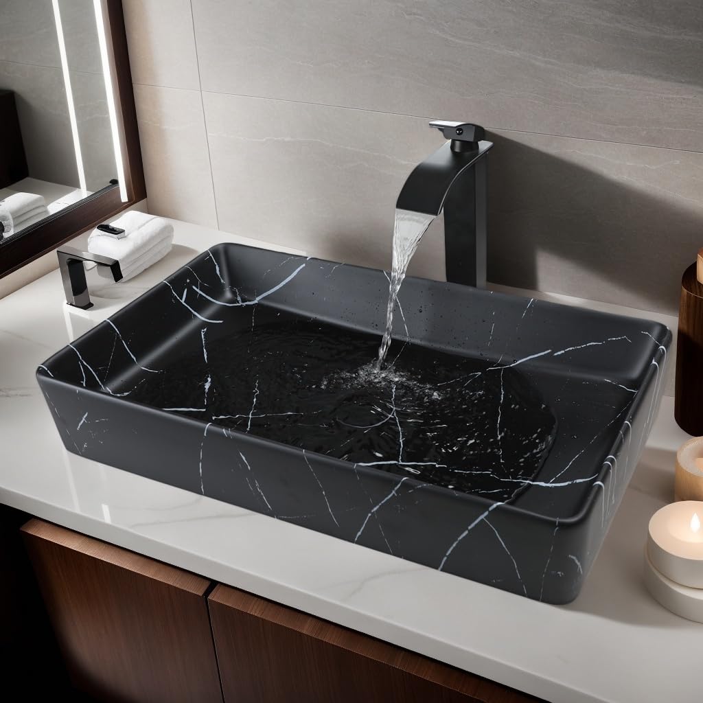 24 Inch Black Ceramic Vessel Sink with Faucet and Drain Combo - Rectangle Marble Bathroom Sink, Above Counter Porcelain Lavatory Bowl for Modern Bathroom Vanities and Powder Rooms