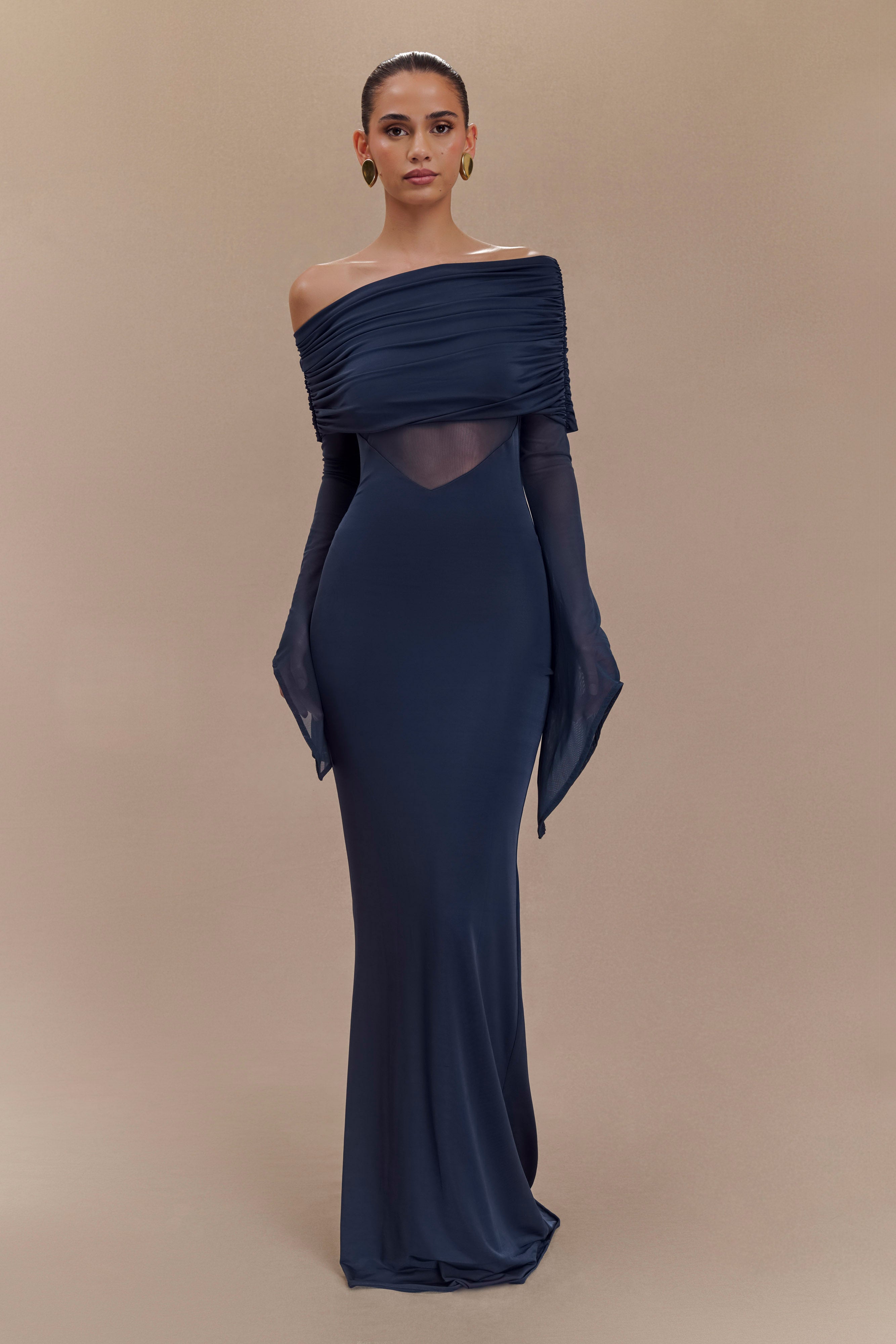 Kaitlin One Shoulder Slinky & Mesh Maxi Dress in Midnight Blue - Perfect for Evening Parties, Weddings & Special Occasions