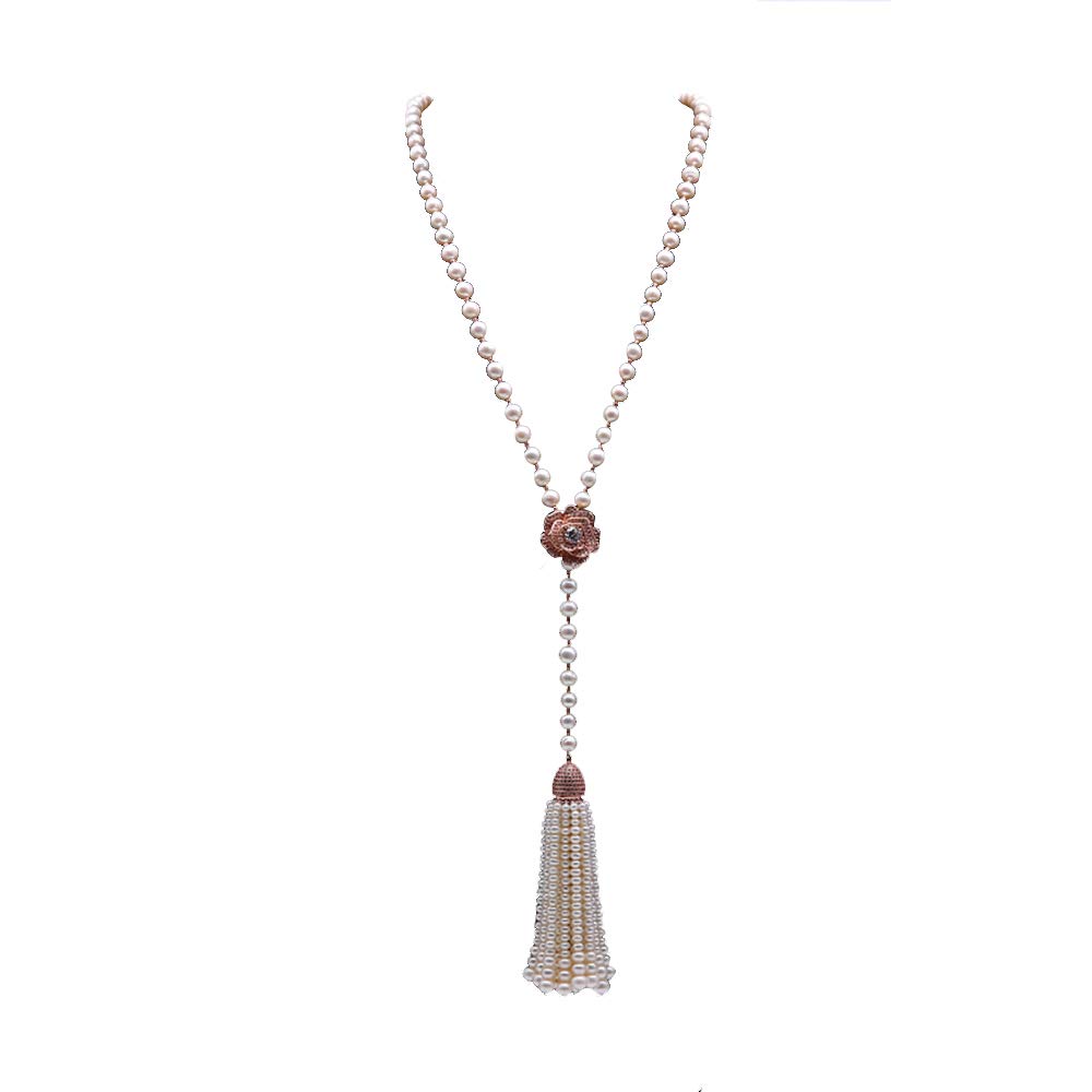 JYX Single-Strand Round White Freshwater Cultured Pearl Necklace with Long Tassel - Elegant Jewelry for Women, Perfect for Weddings, Parties & Special Occasions