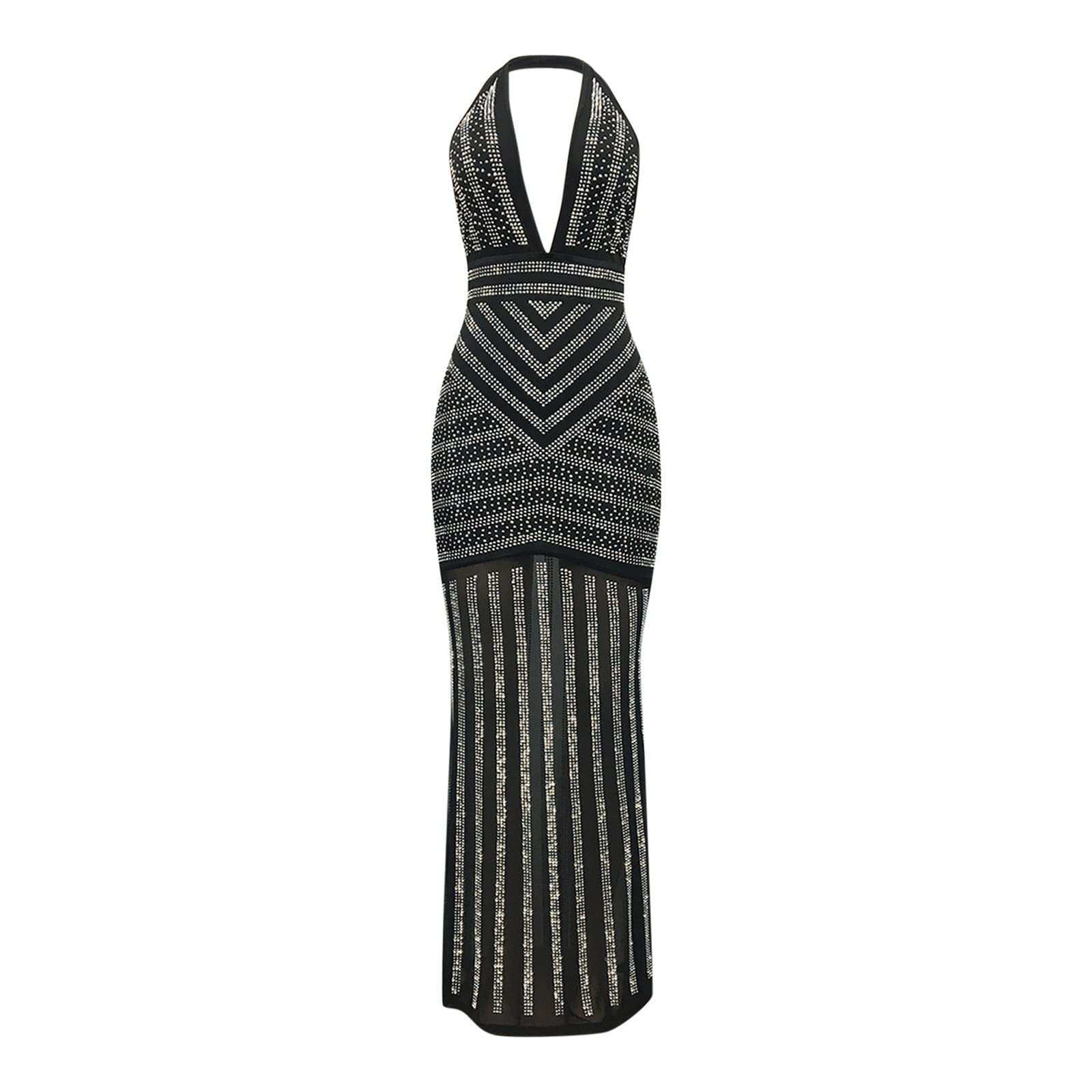 Sexy Deep V Neck Mesh Rhinestone Party Dress for Women - Elegant Sheer Striped Gown for Nightclub, Evening Events & Special Occasions