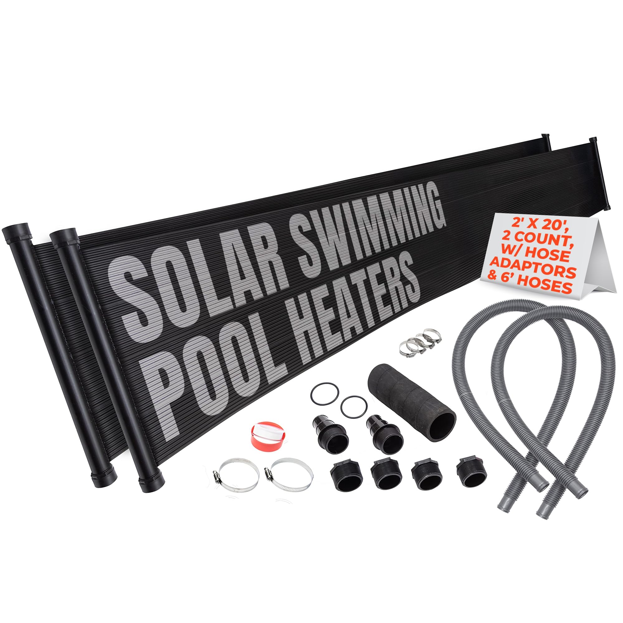 SunQuest Solar Pool Heater Panels - 2 Pack (2ft x 20ft) Solar Collectors with Hose Adapters & 6ft Hoses - Efficient Solar Water Heater for Above Ground and Inground Pools - DIY Installation - UV Resistant Polypropylene Panels - Perfect for Backyard, Residential, and Commercial Pool Heating