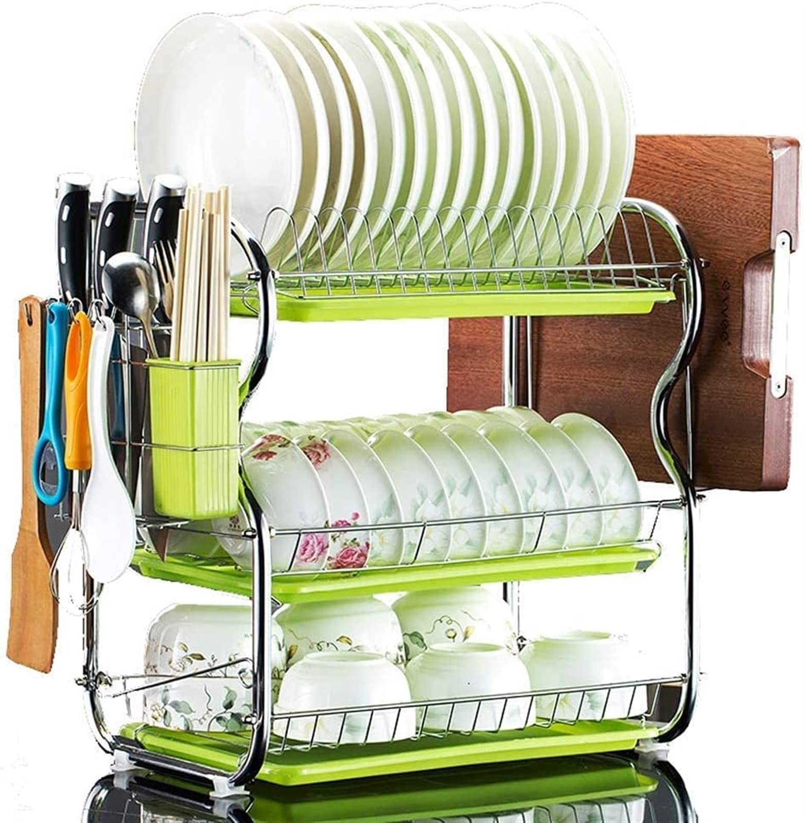 3-Tier Dish Drainer with Cup Holder - Kitchen Drain Rack & Cutlery Organizer (42x25x43cm) - Perfect for Countertop Tableware Storage and Drying Utensils, Forks, Spoons in Small Kitchens