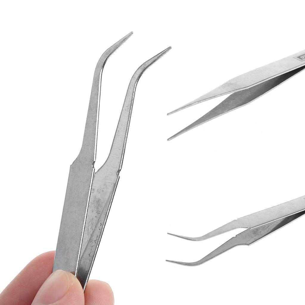 Professional Eyelash Extension Tweezers Set - Straight & Curved Tip Stainless Steel Lash Tweezers for Precision Application - 10.5cm Silver Beauty Tools for Salon & Home Use
