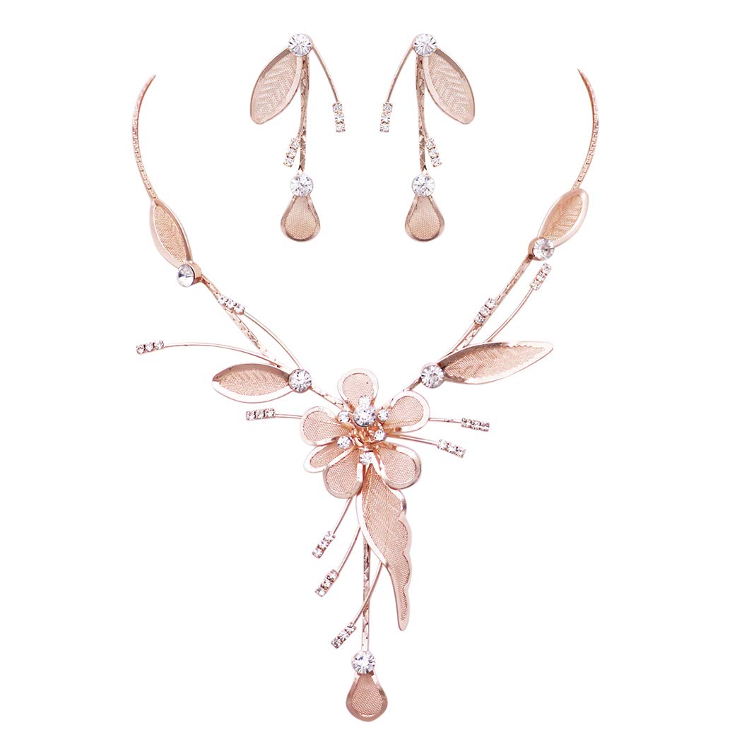 Rosemarie Collections Women's Floral Statement Necklace and Earrings Set - Elegant Metal Mesh Dangling Flower Petals Jewelry with 15