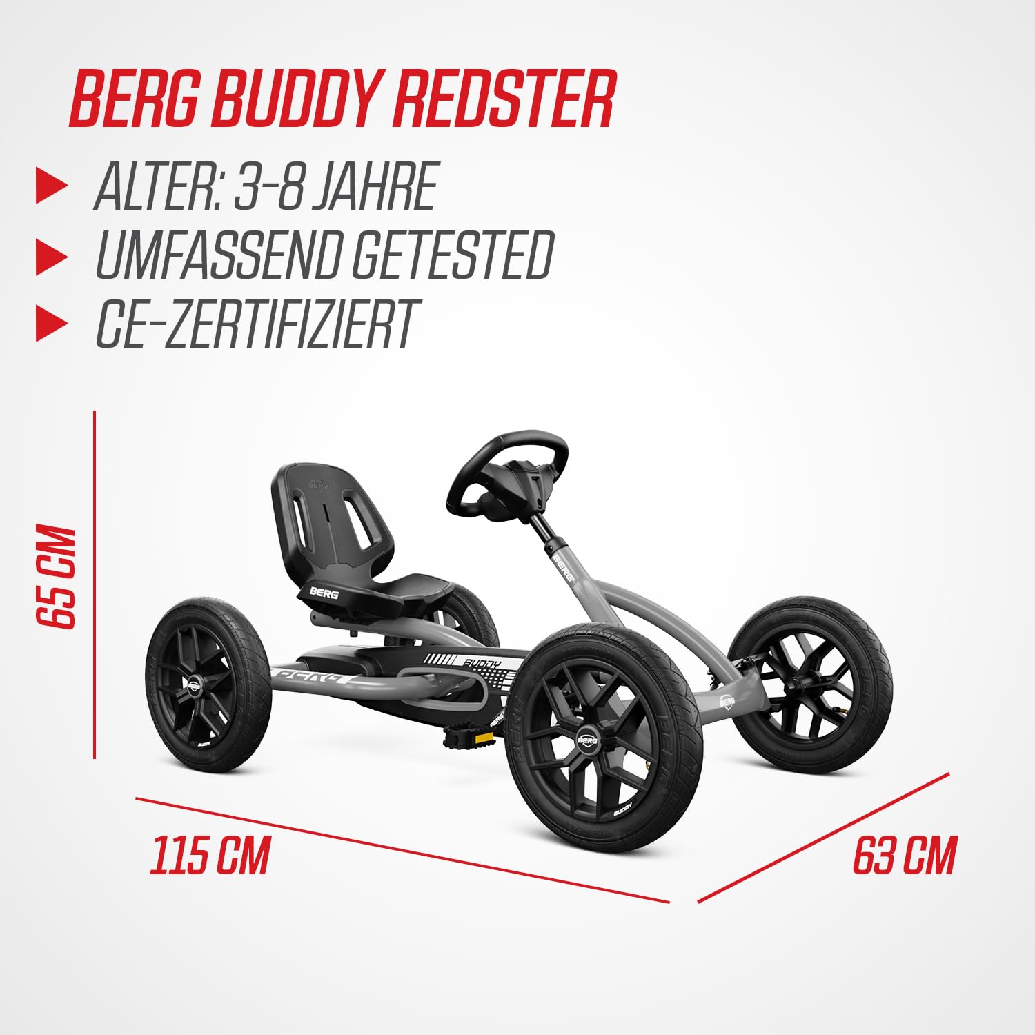 **Berg Toys Buddy Blue Pedal Go Kart for Kids & Adults – Adjustable Ride-On Toy for Ages 4-8 – Safe BFR System – Outdoor Pedal Car for Backyard, Park & Driveway Fun**    (优化点：   1. 使用 
