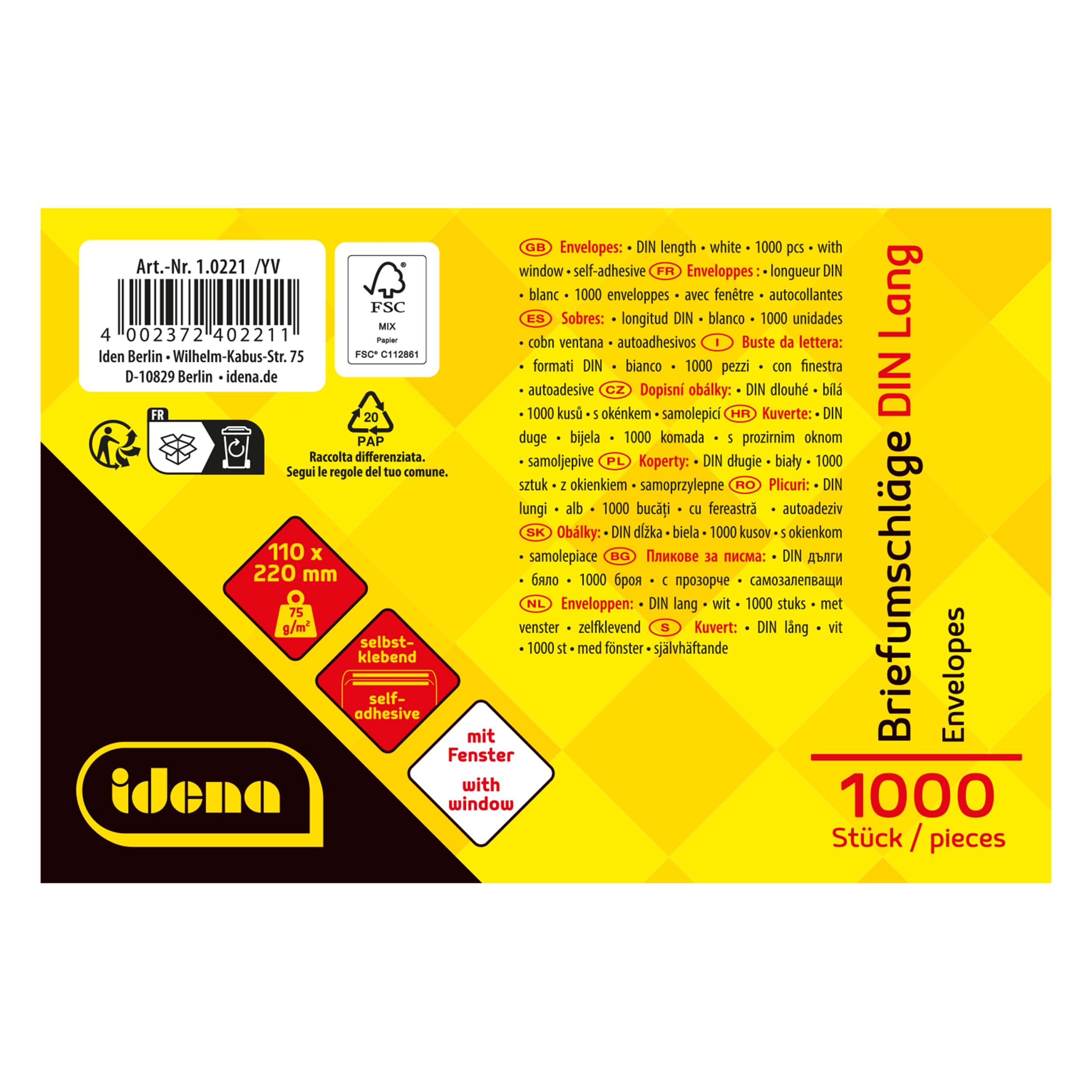 FSC Certified 10221 DIN Long Envelopes - 75 g/m² Self-Adhesive Window Envelopes (Pack of 1000) for Business Mail, Invoices & Office Documents