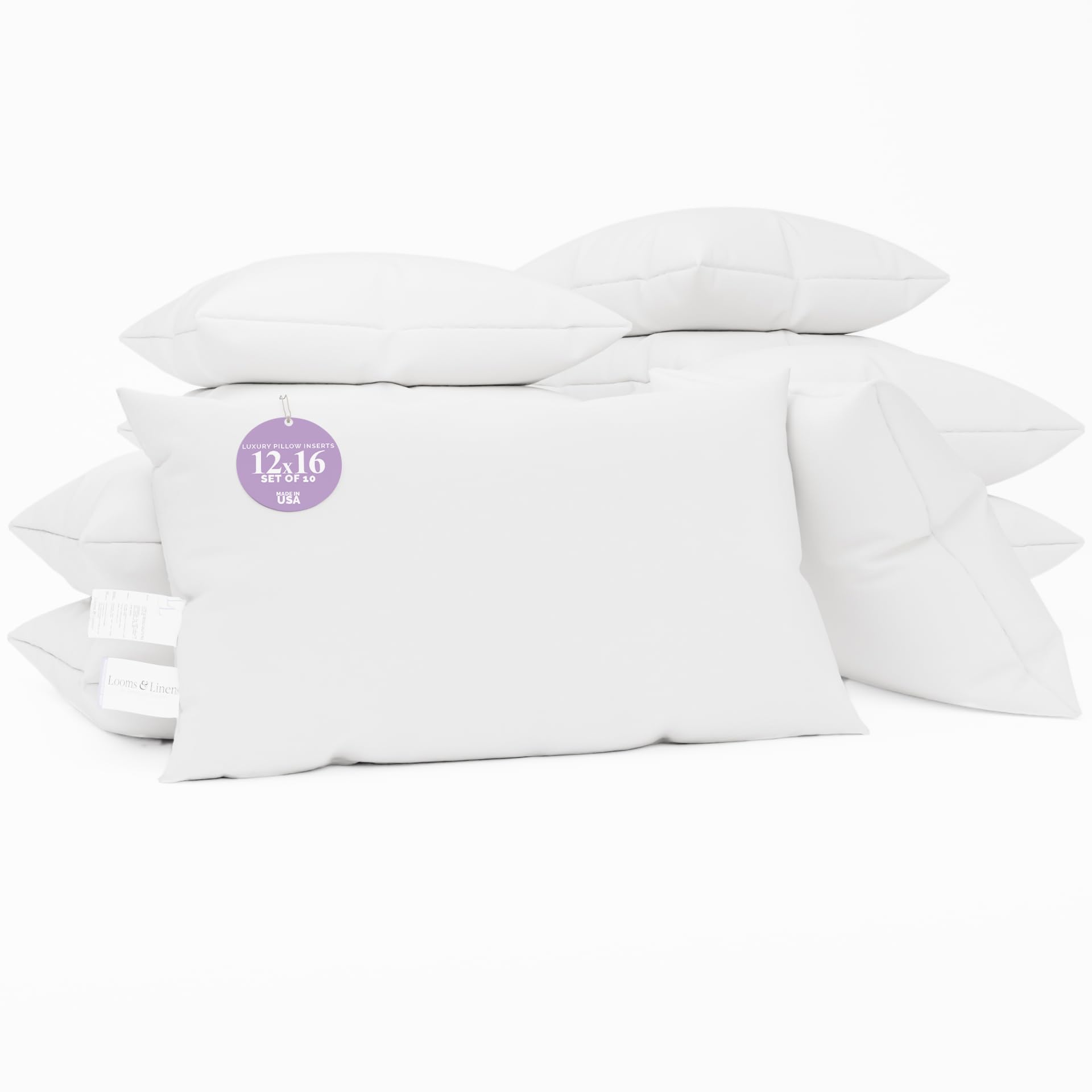 Bulk Pack of 10 Premium 12x16 Inch Down Alternative Pillow Inserts for Sham Covers - Hypoallergenic Throw Pillow Stuffing by Looms & Linens (Made in USA) - Perfect for Sofa, Bed, Couch & Home Decor