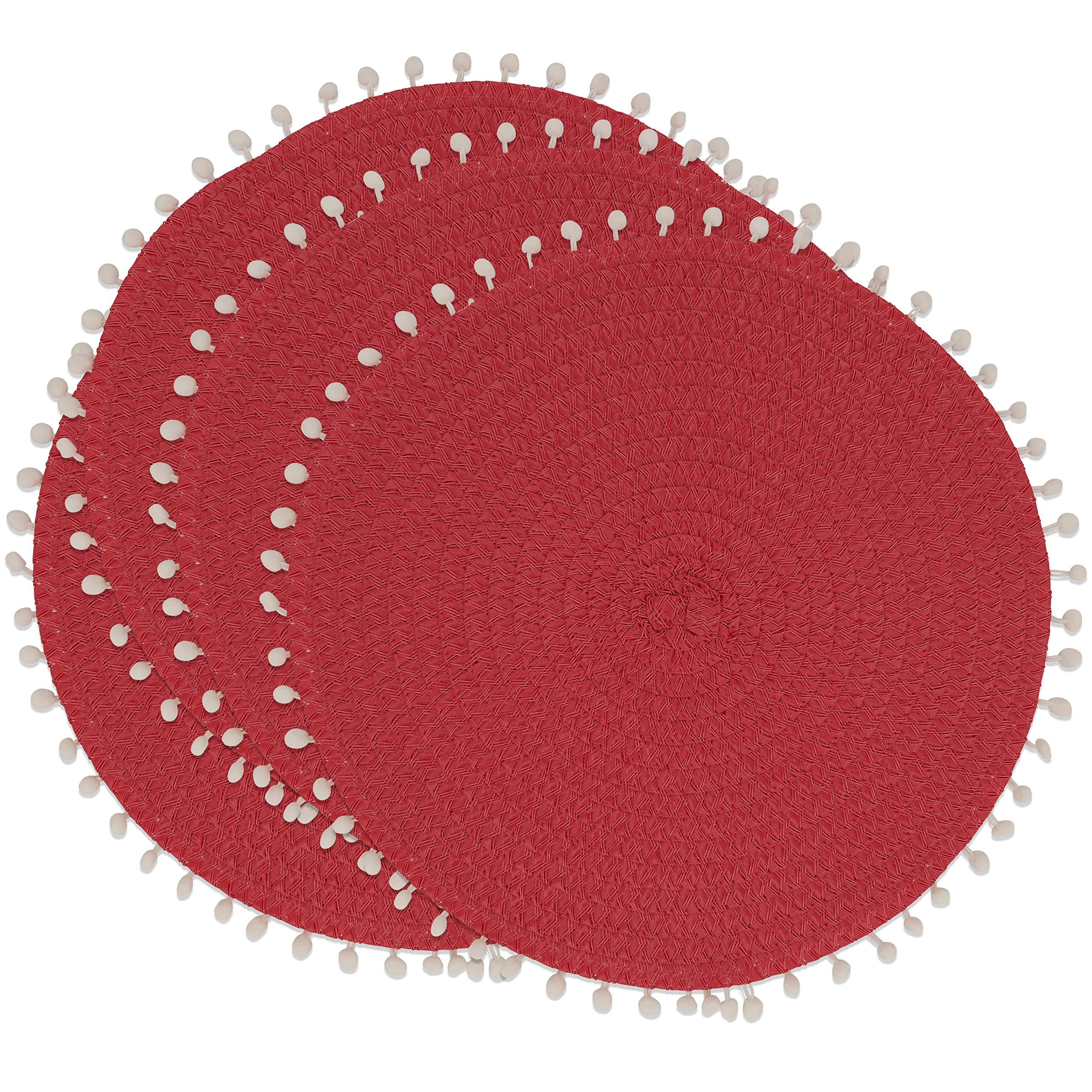 Stylish Pom Pom Design Placemats Set of 4 - Waterproof & Washable Round Table Mats for Dining, Kitchen, Party Decor (Beige)
