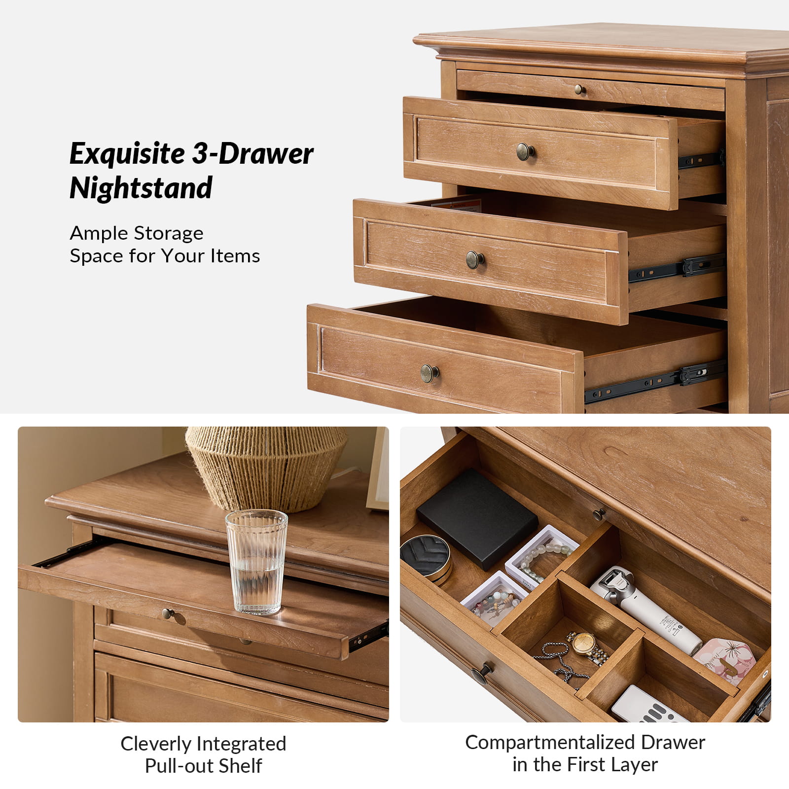 Galatea 3-Drawer Nightstand with USB Charging Ports & Power Outlets - Modern Bedside Table with Storage for Bedroom, Living Room or Office