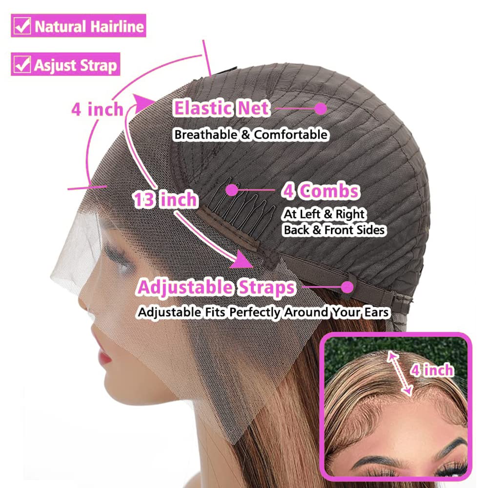 13x4 HD Straight Lace Front Wig Human Hair - Ombre Highlight 180% Density Pre-Plucked with Baby Hair | Perfect for Daily Wear, Cosplay & Special Occasions