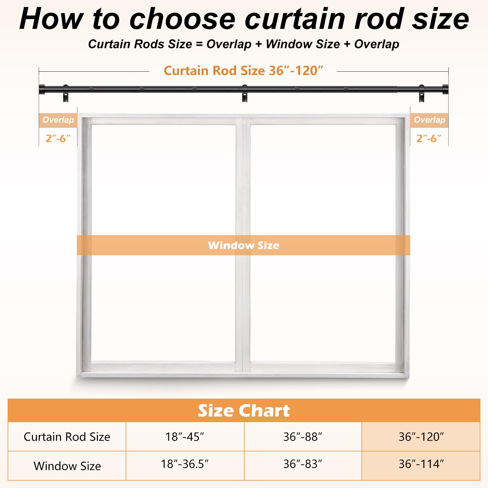 OLV 66-120 Inch Black Curtain Rod - Heavy Duty Adjustable Drapery Rod for Windows