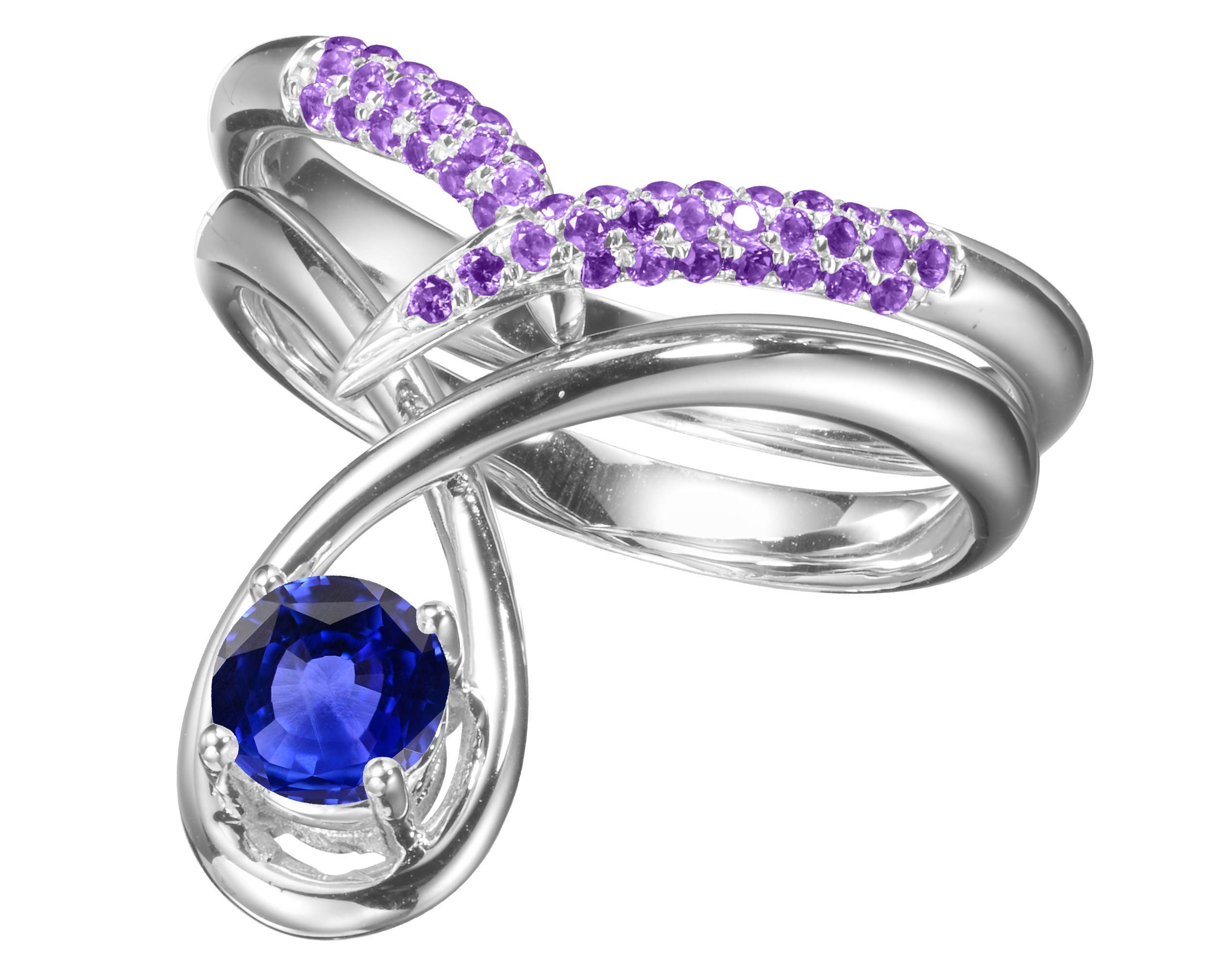 Majade Blue Sapphire & Amethyst Engagement Ring Set - 14K White Gold Handmade Wedding Band, Diamond Alternative for Unique Bridal Jewelry | Perfect for Proposals, Anniversaries & Romantic Occasions