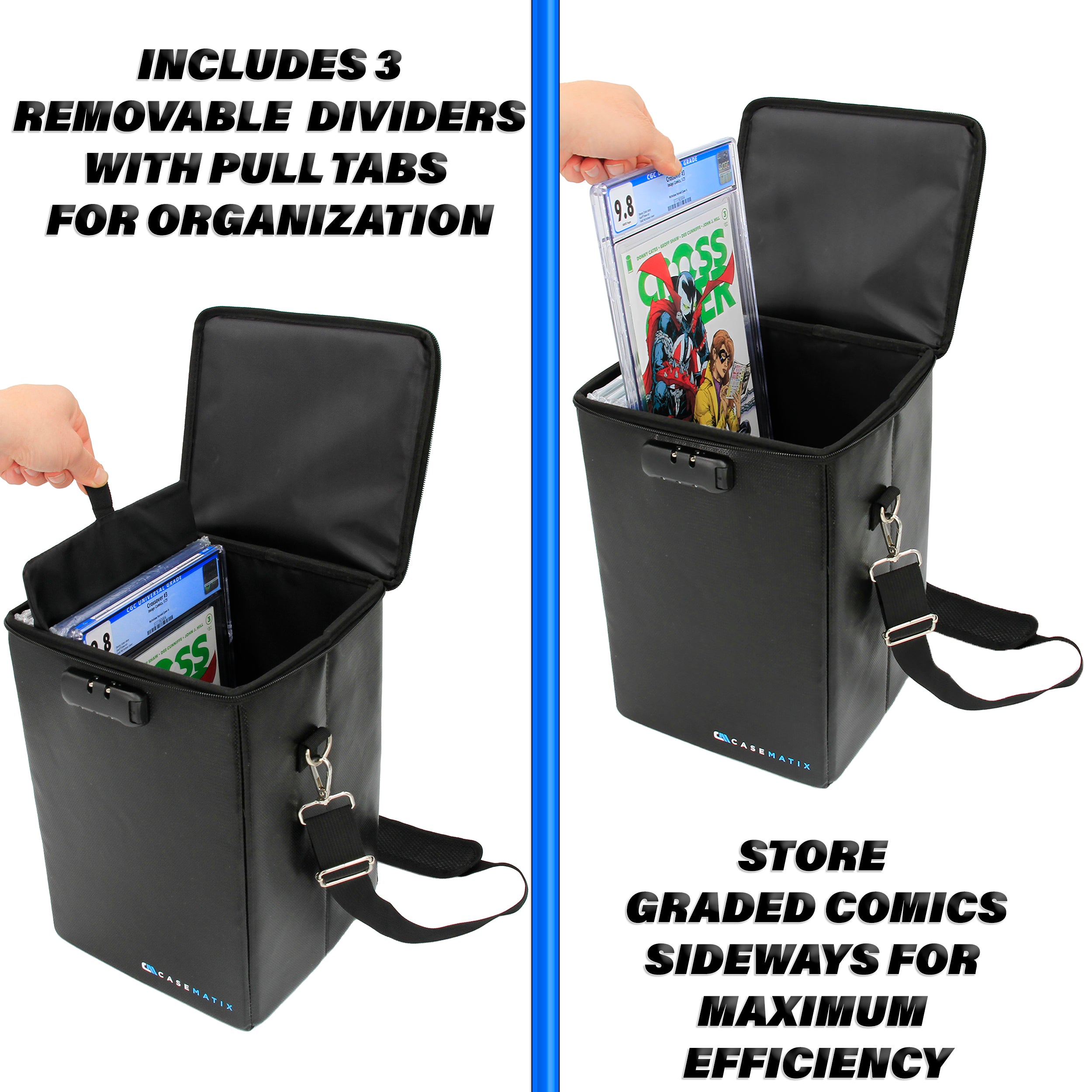 CASEMATIX Graded Comic Book Storage Box - Holds 15 CGC Graded Comics, Fireproof Hard Shell Case with 3 Padded Dividers - Perfect for Comic Collectors & Convention Transport