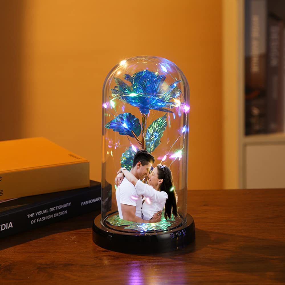 Custom Photo LED Rose in Glass Dome - Personalized Artificial Flower Gift for Women, Valentine's Day, Mother's Day, Birthday & Anniversary - Romantic Home Decor & Special Occasion Present