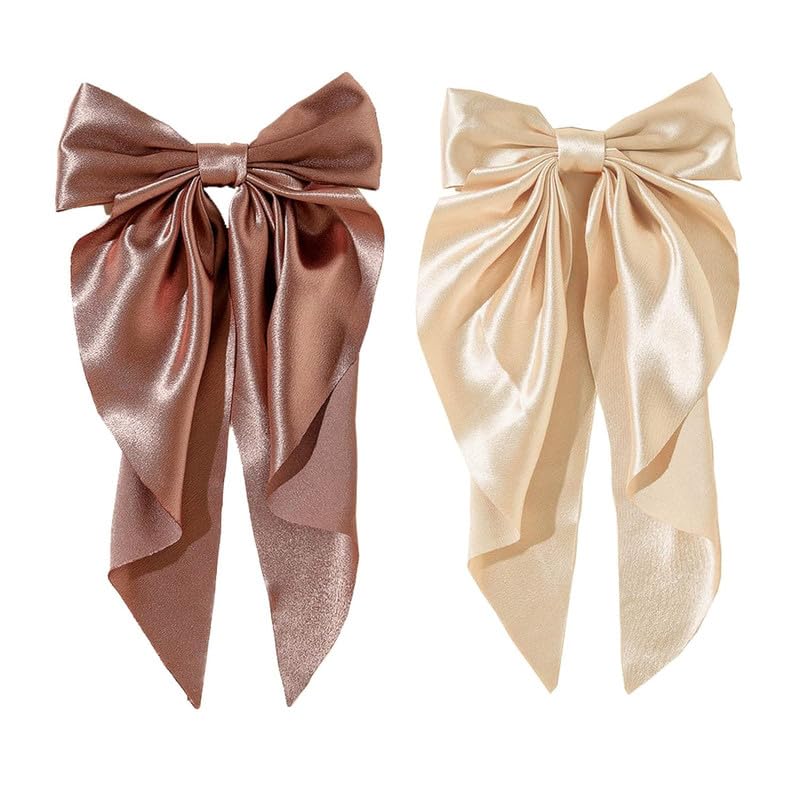 RECTYO GALLERY 2-Pack Large French Style Hair Bows - Solid Color Knotted Bowknot Snap Barrettes with Long Ribbon for Women & Girls (Multicolor) | Perfect for Weddings, Parties, and Everyday Hair Accessories