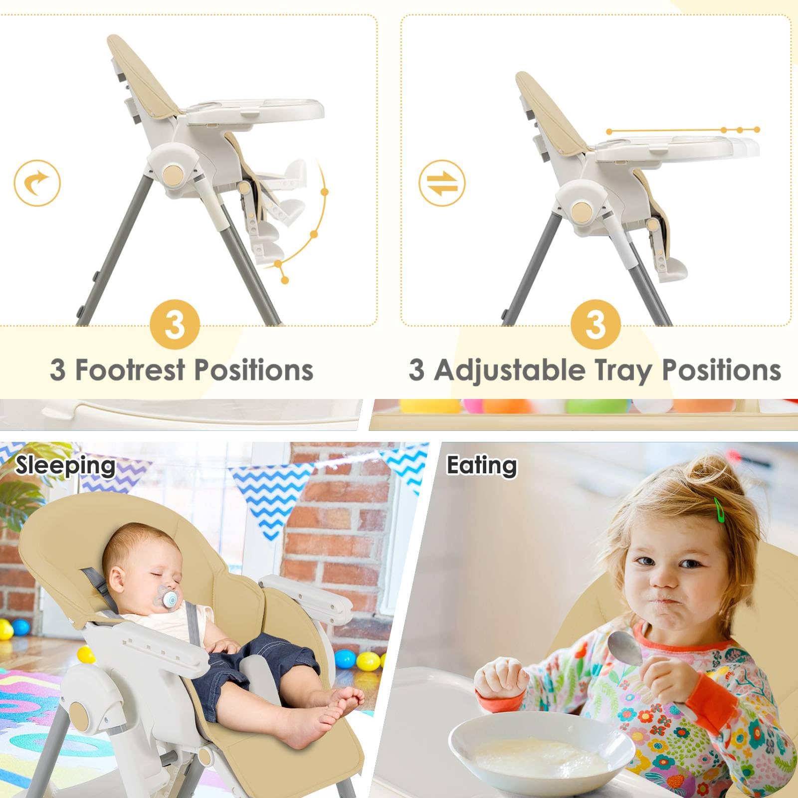 Maxmass 4-in-1 Foldable Baby High Chair with 5-Point Safety Harness, Removable Dual Tray & Cushion - Adjustable Infant Feeding Seat with Toy Bar & Wheels for Toddlers 6-36 Months (Beige) | Perfect for Dining, Playtime & Travel