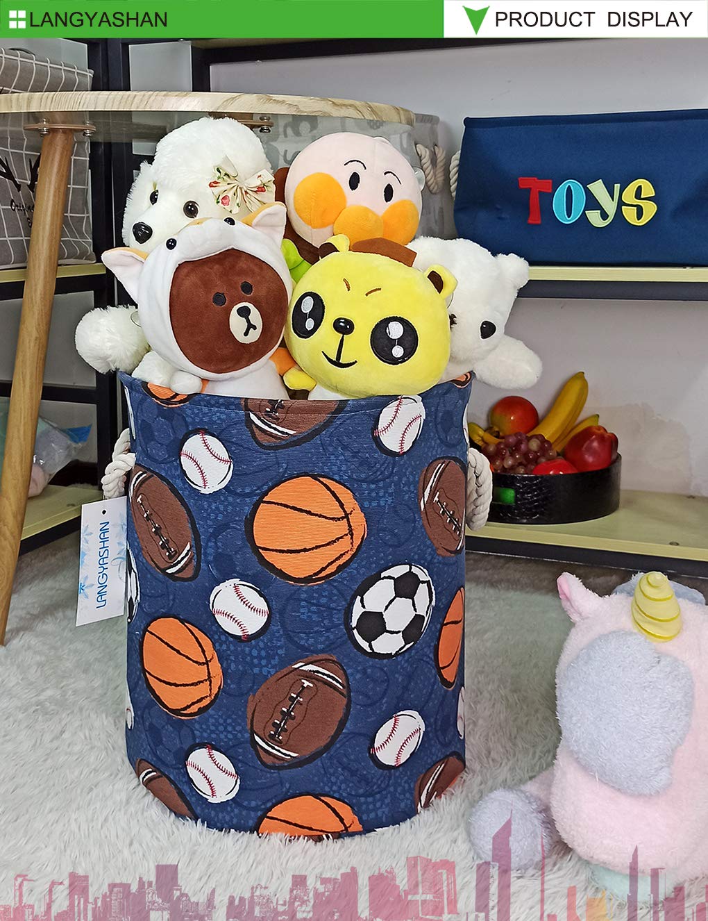 Collapsible Canvas Laundry Basket with Handles - Foldable Storage Organizer for Kids, Boys & Girls - Toy Bin, Clothes Hamper, Nursery Gift Basket (Navy Ball Game Design) - Perfect for Bedroom, Playroom & Dorm Organization