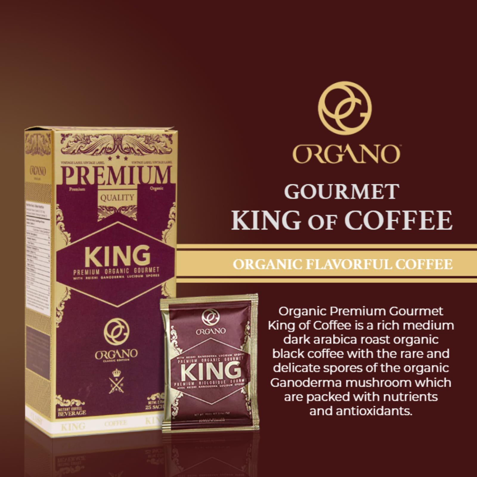 Organic Ganoderma Lucidum Coffee - 2 Boxes (50 Sachets) | 100% Certified Reishi Mushroom Coffee | Energy Boost & Immune Support for Busy Professionals & Students