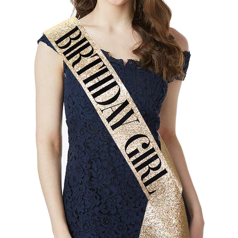 Birthday Girl Sash & Rhinestone Headband Set - Women's Birthday Party Accessories, Gold Glitter & Black Tiara for Bachelorette, Bridal Shower, Girls Night Out