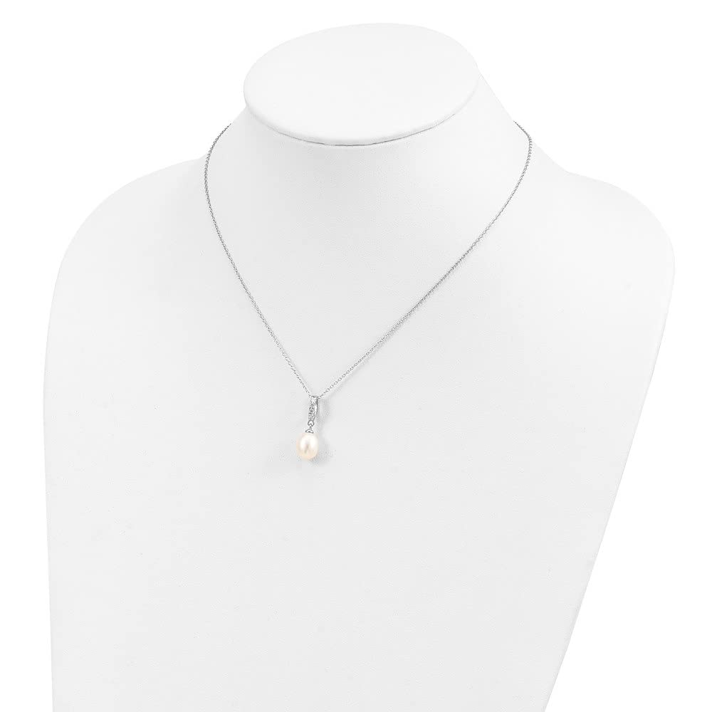 Sterling Silver 9mm White Pearl Cubic Zirconia Pendant Chain Necklace - 17 Inch Elegant Slide Necklace for Women, Perfect for Weddings, Parties & Everyday Wear
