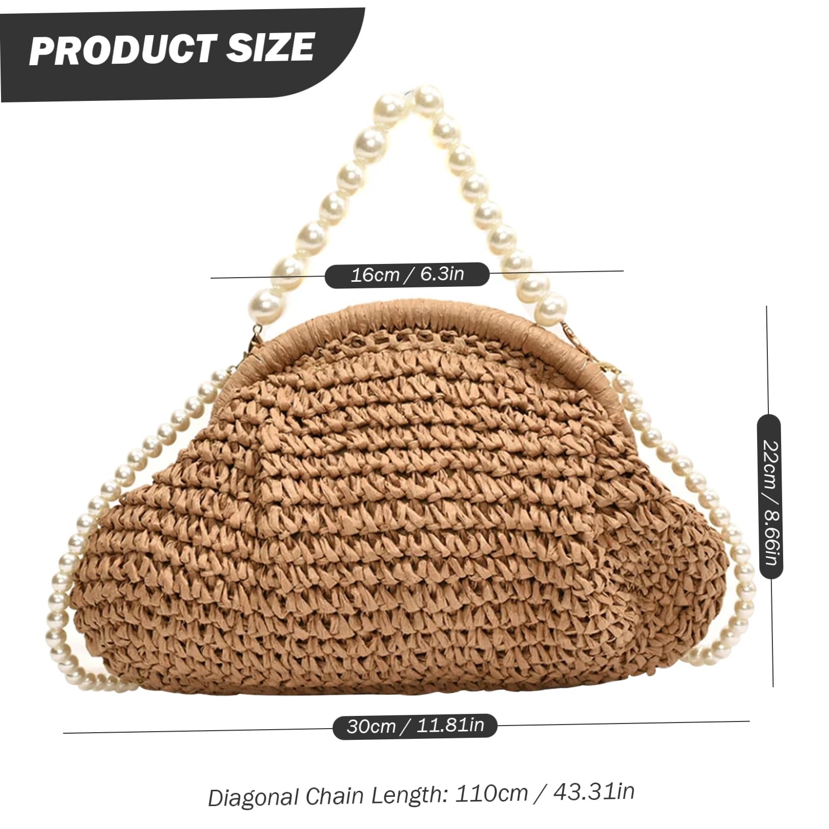 Khaki Straw Crossbody Bag for Women - Woven Clutch with Pearl Chain, Summer Beach Wedding Purse, Portable Shoulder Handbag for Vacation, Travel & Outdoor Events