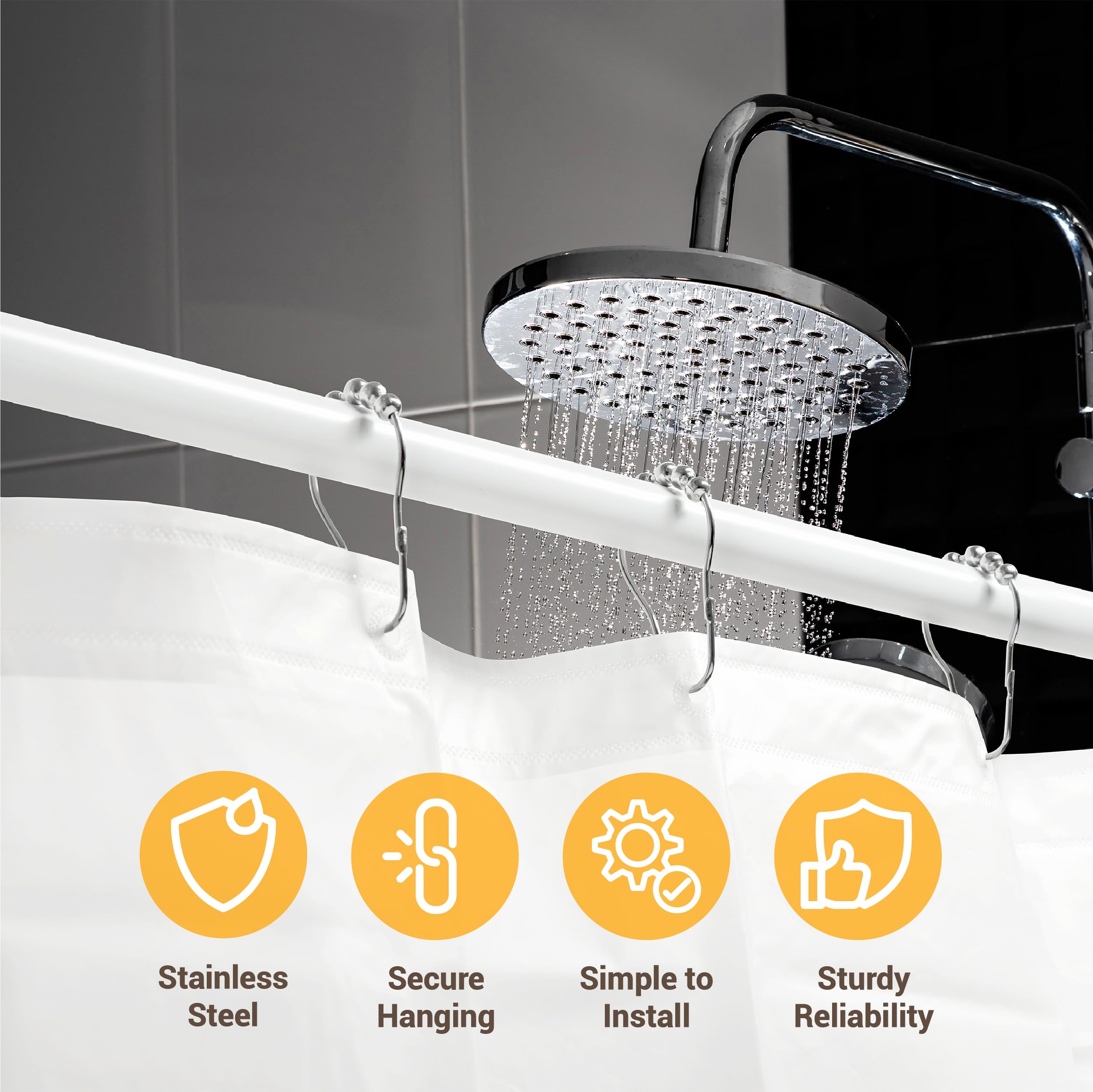 ikloo Stainless Steel Shower Curtain Hooks - 12 Pack Rustproof Chrome Bathroom Curtain Rings for Shower Rods | Durable Metal Hangers for Bath, Hotel & Home Decor