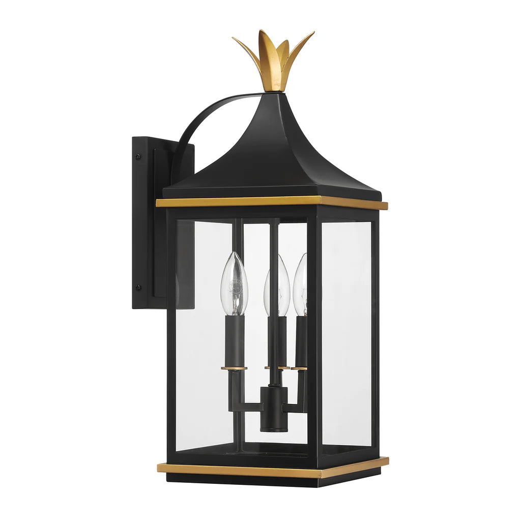 Simpson 3-Light Outdoor Wall Sconce - 8.25x19.75 Inch Matte Black Stainless Steel with Textured Gold Finish & Glass Shade - 120V E12 Candelabra Base LED Bulb Compatible - Perfect for Patio Lighting, Garden Decor, and Exterior Wall Illumination
