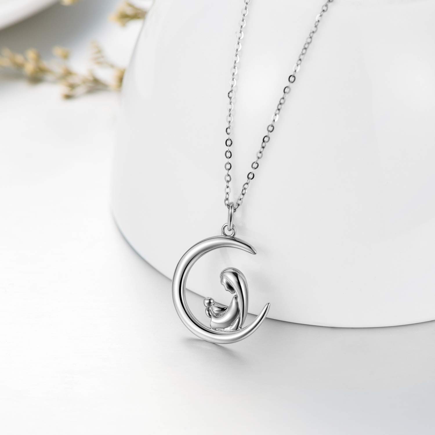14K Gold Mother Necklace for Women - Elegant Dainty Gold Mother & Child Love Crescent Moon Pendant - 16