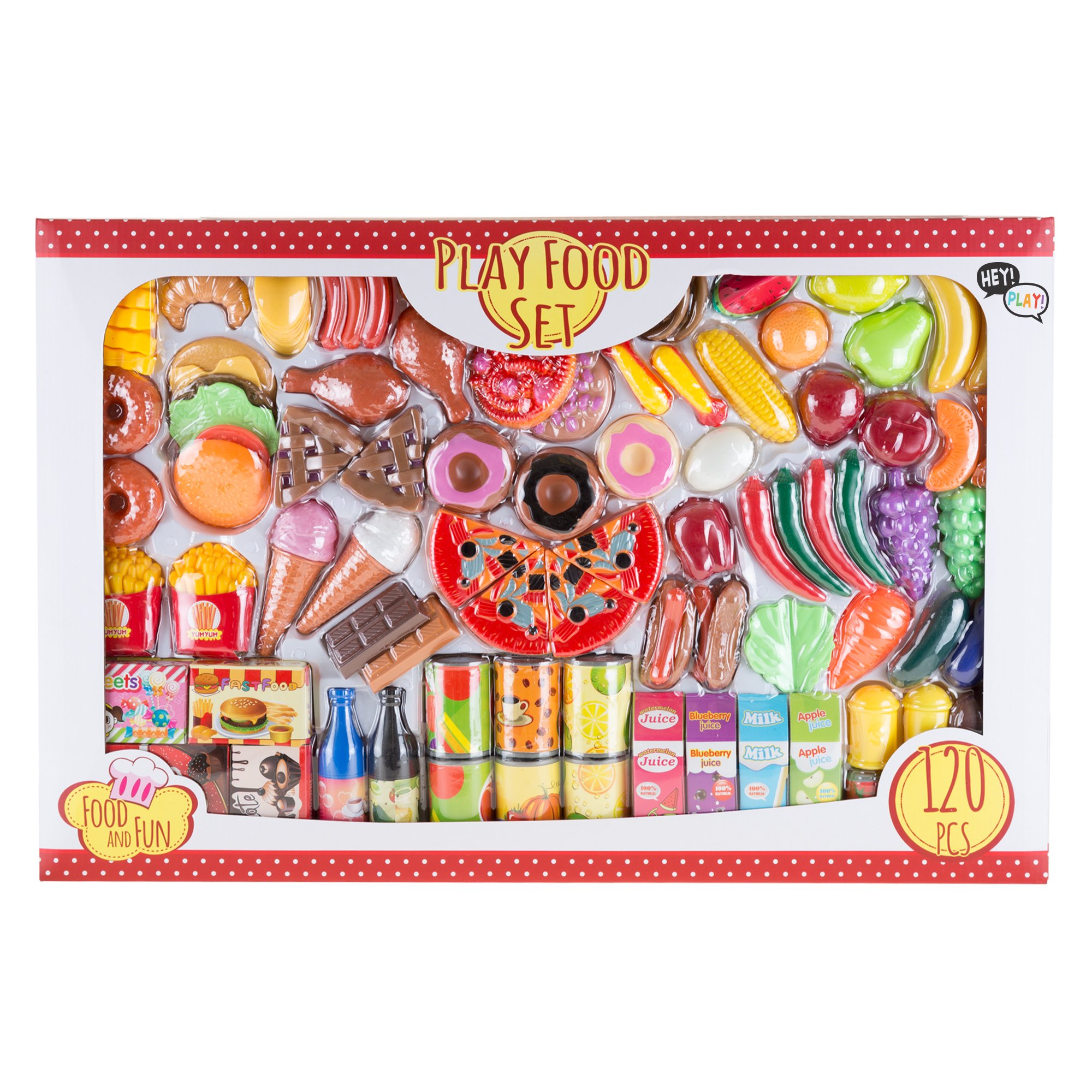 Hey! Play! Pretend Play Assorted Food Set - 24-Piece Fresh, Boxed & Canned Toy Food for Kids | Perfect for Grocery Store Role Play, Kitchen Dramatic Play & Preschool Learning